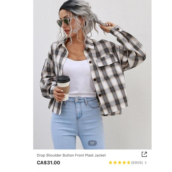 Drop Shoulder Button Front Plaid Jacket/Shirt - Picture 2 of 7